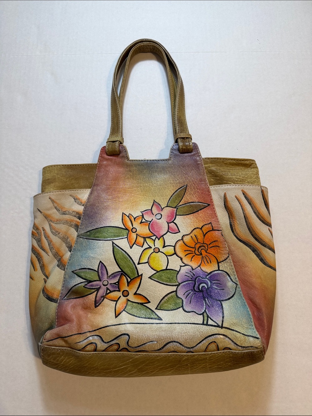 Vintage Great American Leather Works Multicolor Floral Hand Painted Shoulder Bag